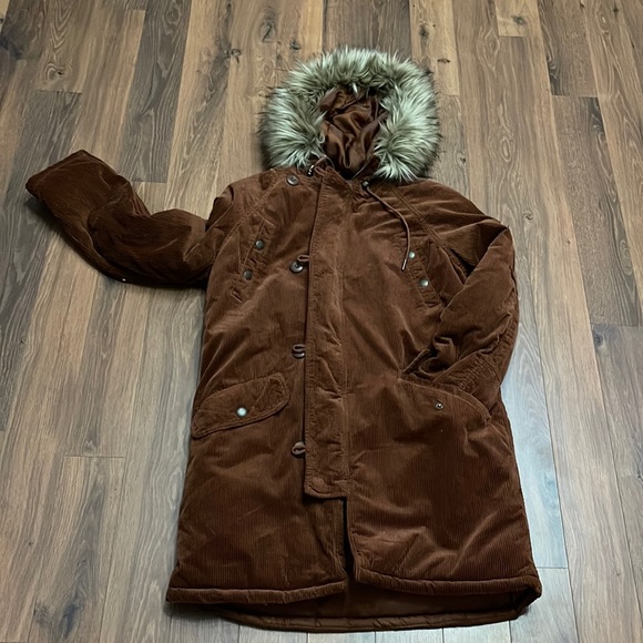 American Eagle Brown Corduroy Zip-Up Hooded Parka size small Ships Same Day! - Picture 2 of 13